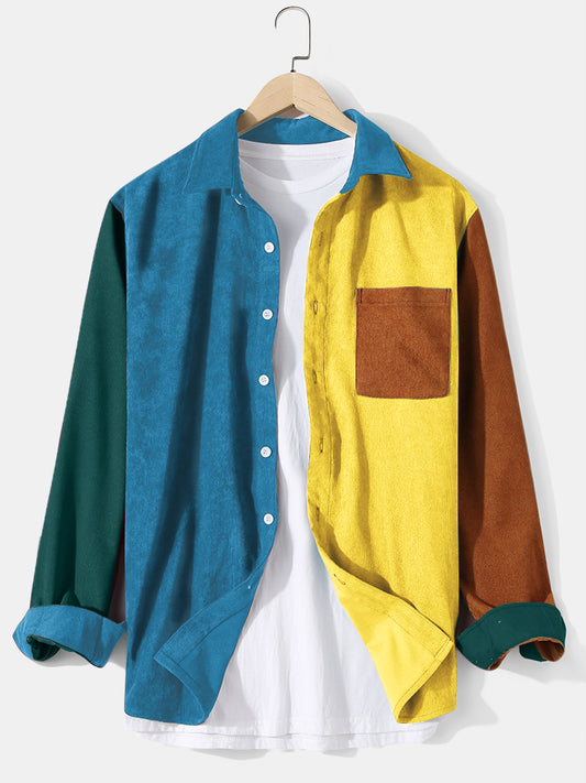 Geel/blauw Corduroy Patchwork Shirt met lange mouwen