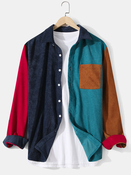 Blauw/roze Corduroy Patchwork Shirt met lange mouwen