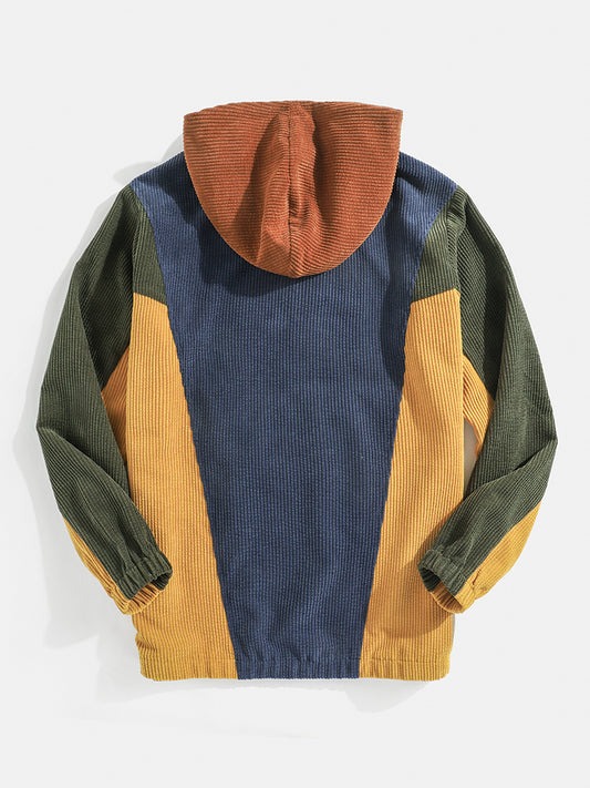 Blauw/bruin Corduroy Patchwork Hoodie