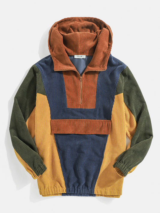 Blauw/bruin Corduroy Patchwork Hoodie