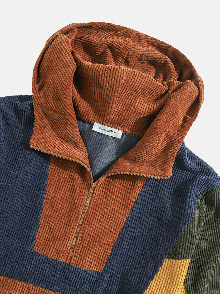 Blauw/bruin Corduroy Patchwork Hoodie