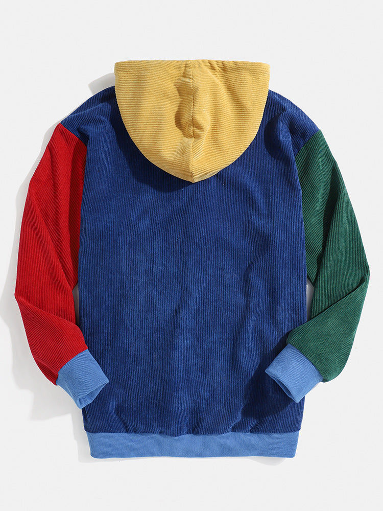 Blauw/geel Corduroy Patchwork Hoodie