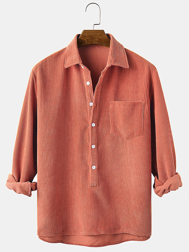 Rood Corduroy Henley Shirt met lange mouwen