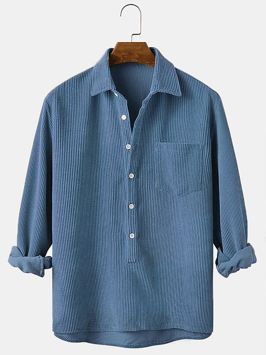 Blauw Corduroy Henley Shirt met lange mouwen