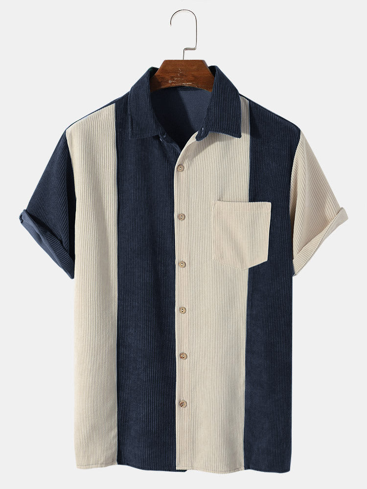 Blauw/wit Corduroy Patchwork Shirt met korte mouwen